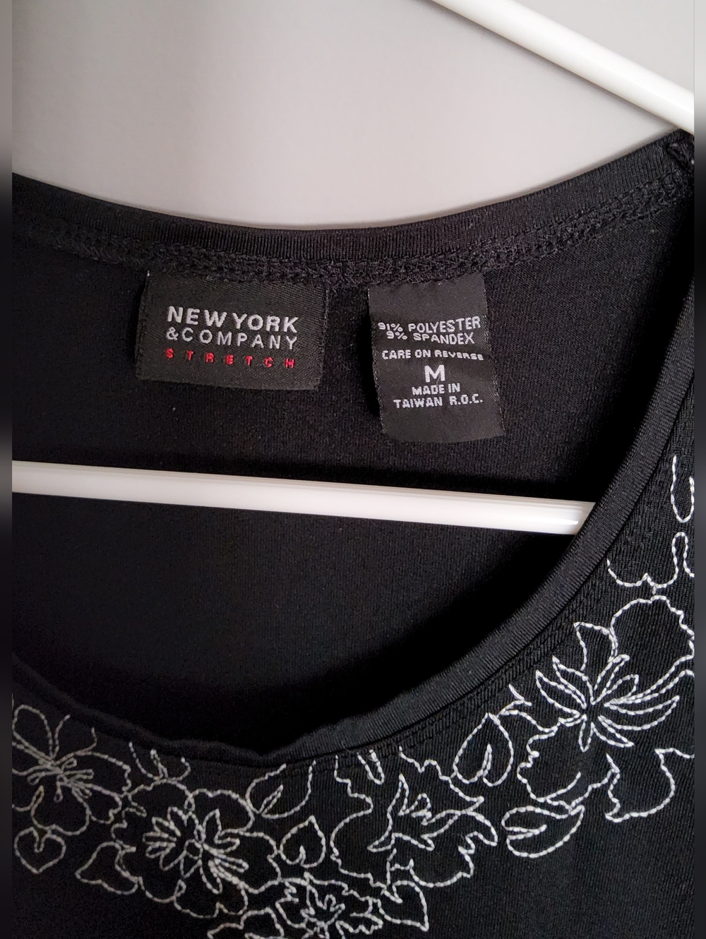 New York & Company Black Stretch Floral Embroidered Top